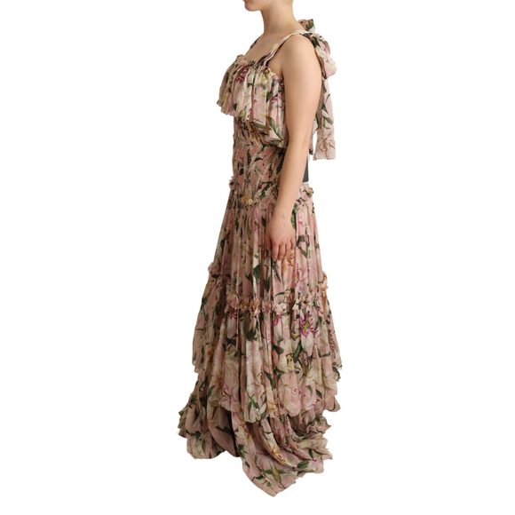 Dolce & Gabbana Pink Floral Print Silk Chiffon Tiered Dress - Picture 2 of 4